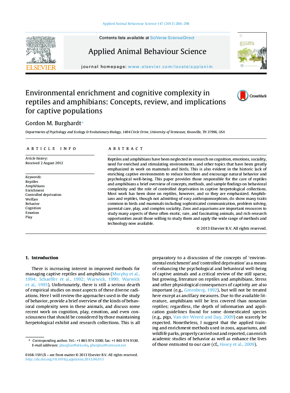 Environmental enrichment and cognitive complexity in reptiles and amphibians: Concepts, review, and implications for captive populations