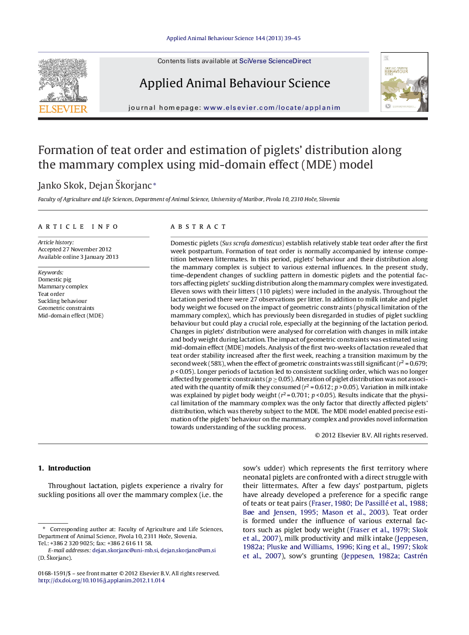 Formation of teat order and estimation of piglets’ distribution along the mammary complex using mid-domain effect (MDE) model