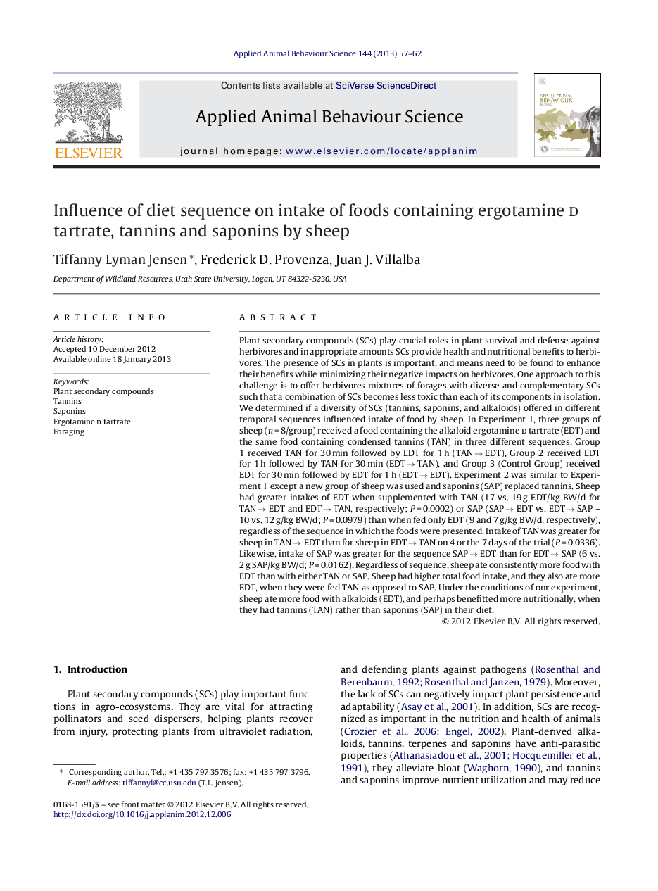 Influence of diet sequence on intake of foods containing ergotamine d tartrate, tannins and saponins by sheep