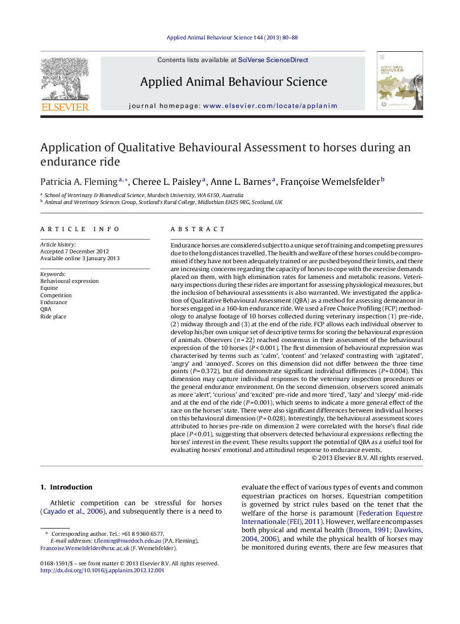 Application of Qualitative Behavioural Assessment to horses during an endurance ride