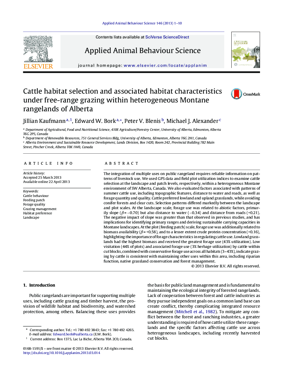 Cattle habitat selection and associated habitat characteristics under free-range grazing within heterogeneous Montane rangelands of Alberta