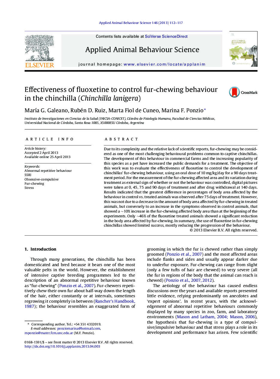 Effectiveness of fluoxetine to control fur-chewing behaviour in the chinchilla (Chinchilla lanigera)