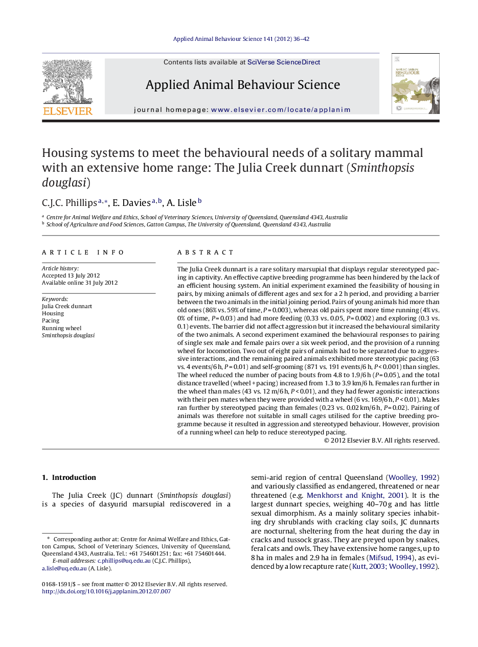 Housing systems to meet the behavioural needs of a solitary mammal with an extensive home range: The Julia Creek dunnart (Sminthopsis douglasi)