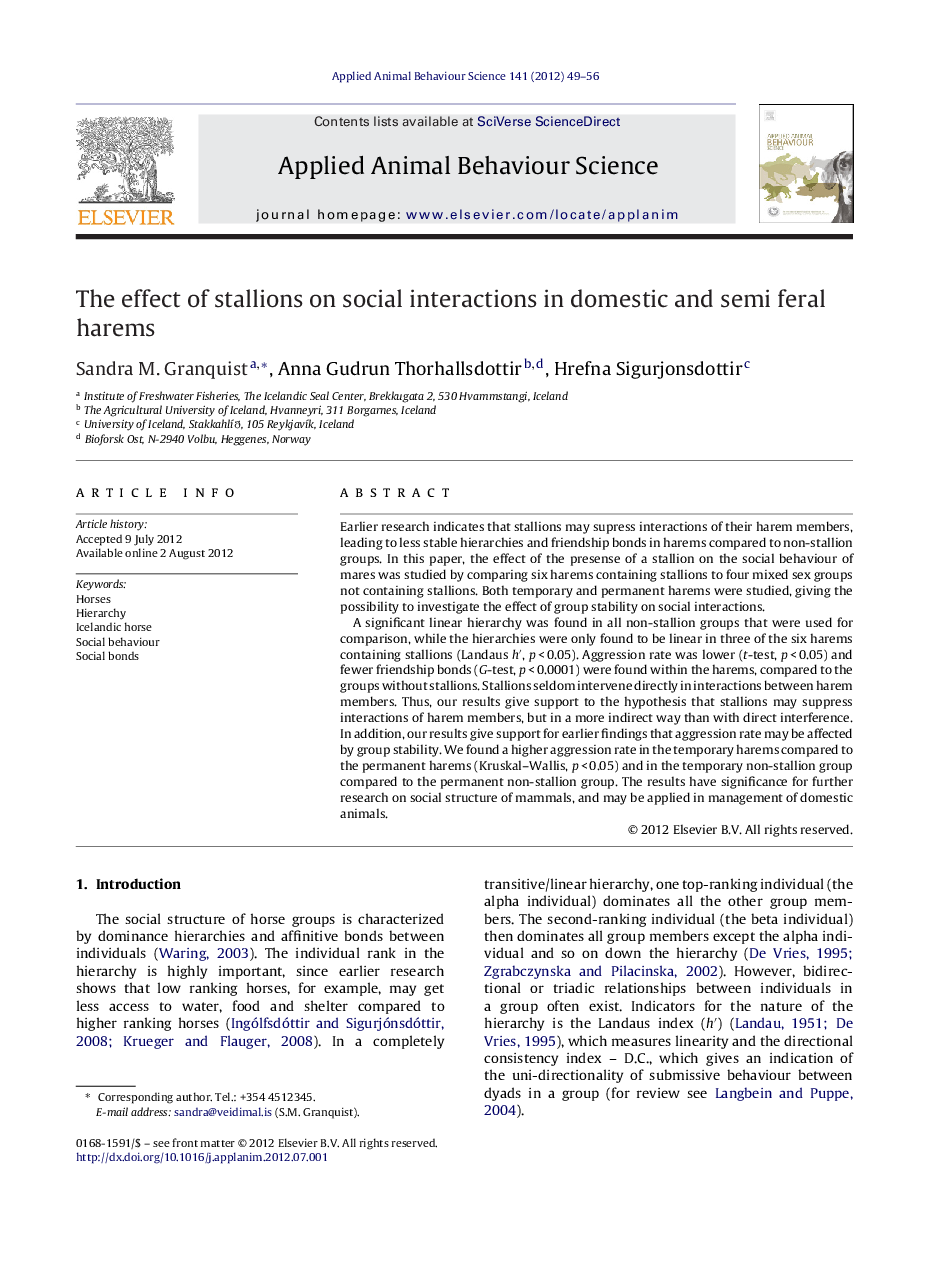 The effect of stallions on social interactions in domestic and semi feral harems