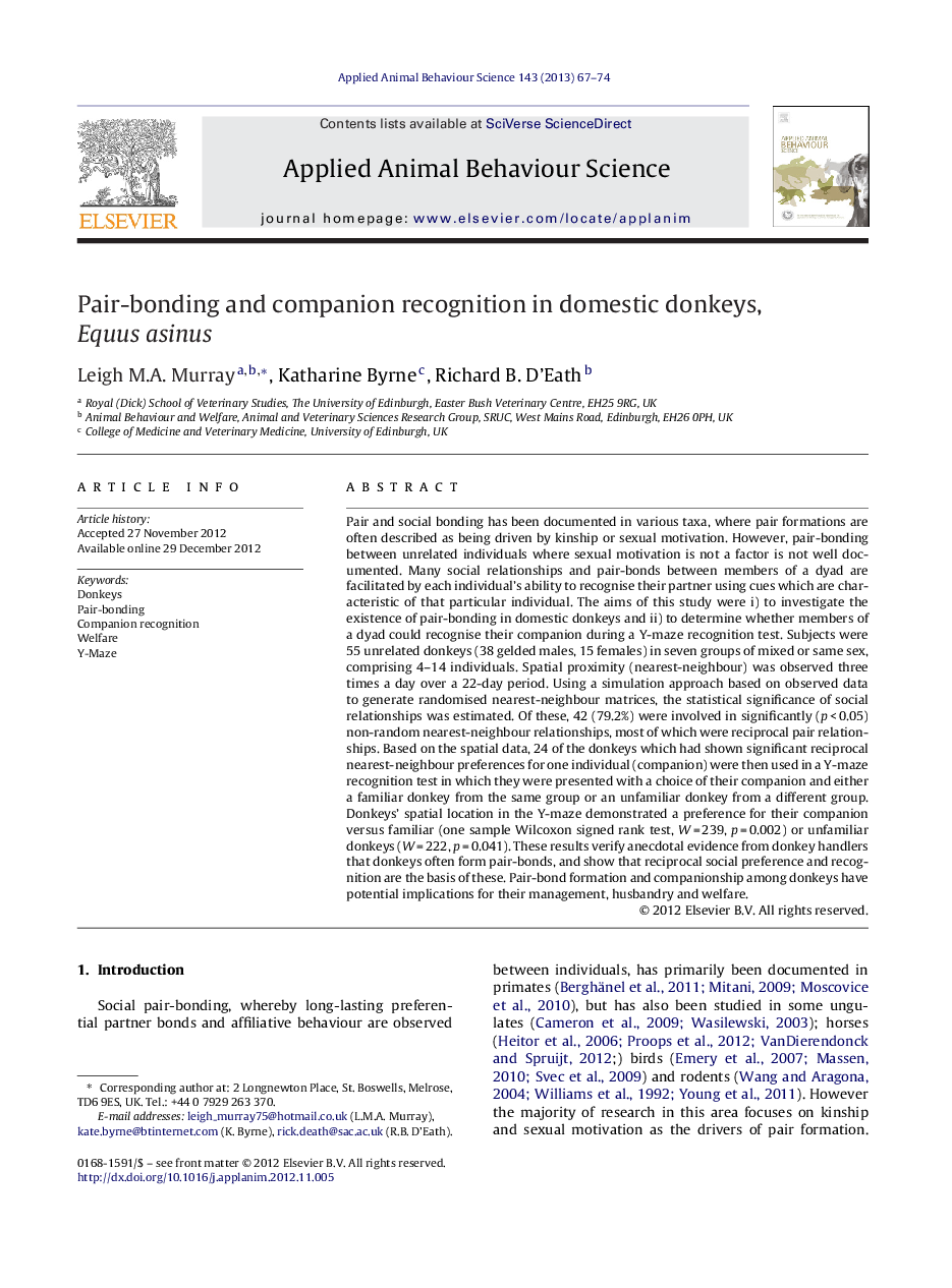 Pair-bonding and companion recognition in domestic donkeys, Equus asinus