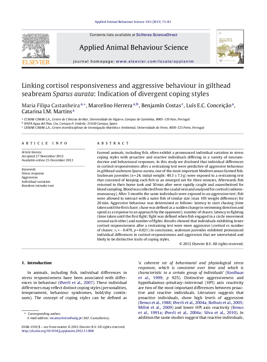 Linking cortisol responsiveness and aggressive behaviour in gilthead seabream Sparus aurata: Indication of divergent coping styles