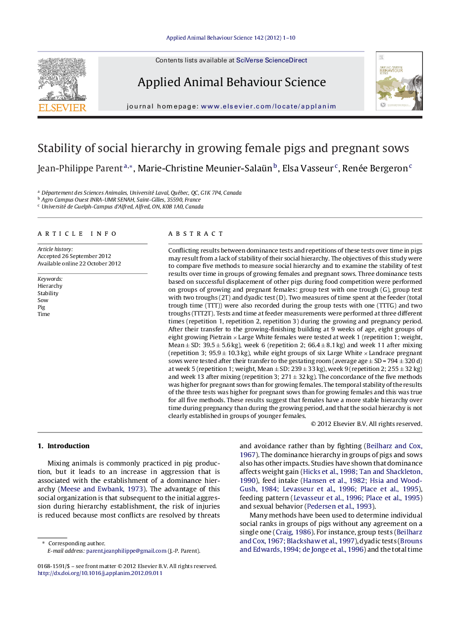 Stability of social hierarchy in growing female pigs and pregnant sows