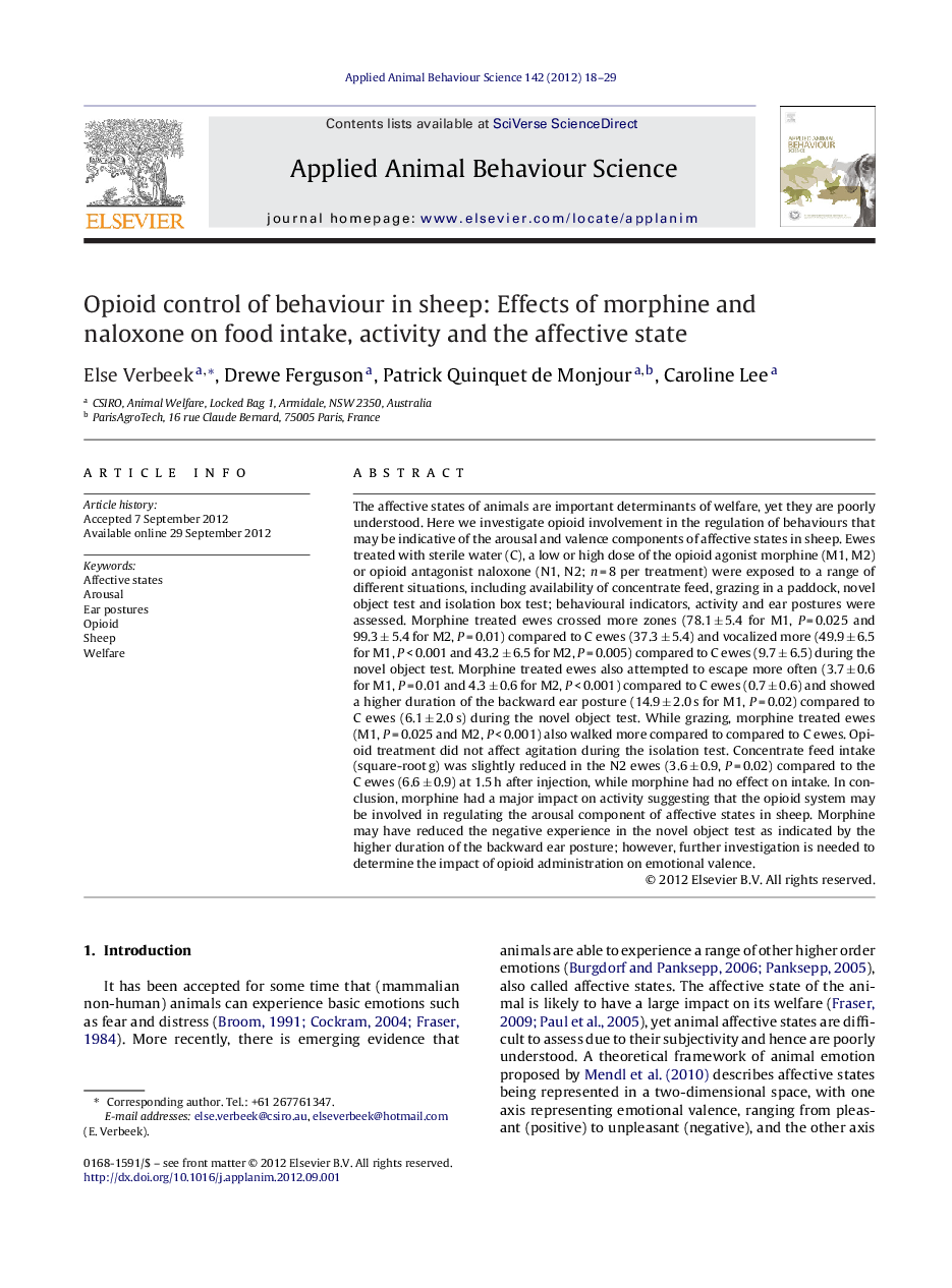 Opioid control of behaviour in sheep: Effects of morphine and naloxone on food intake, activity and the affective state