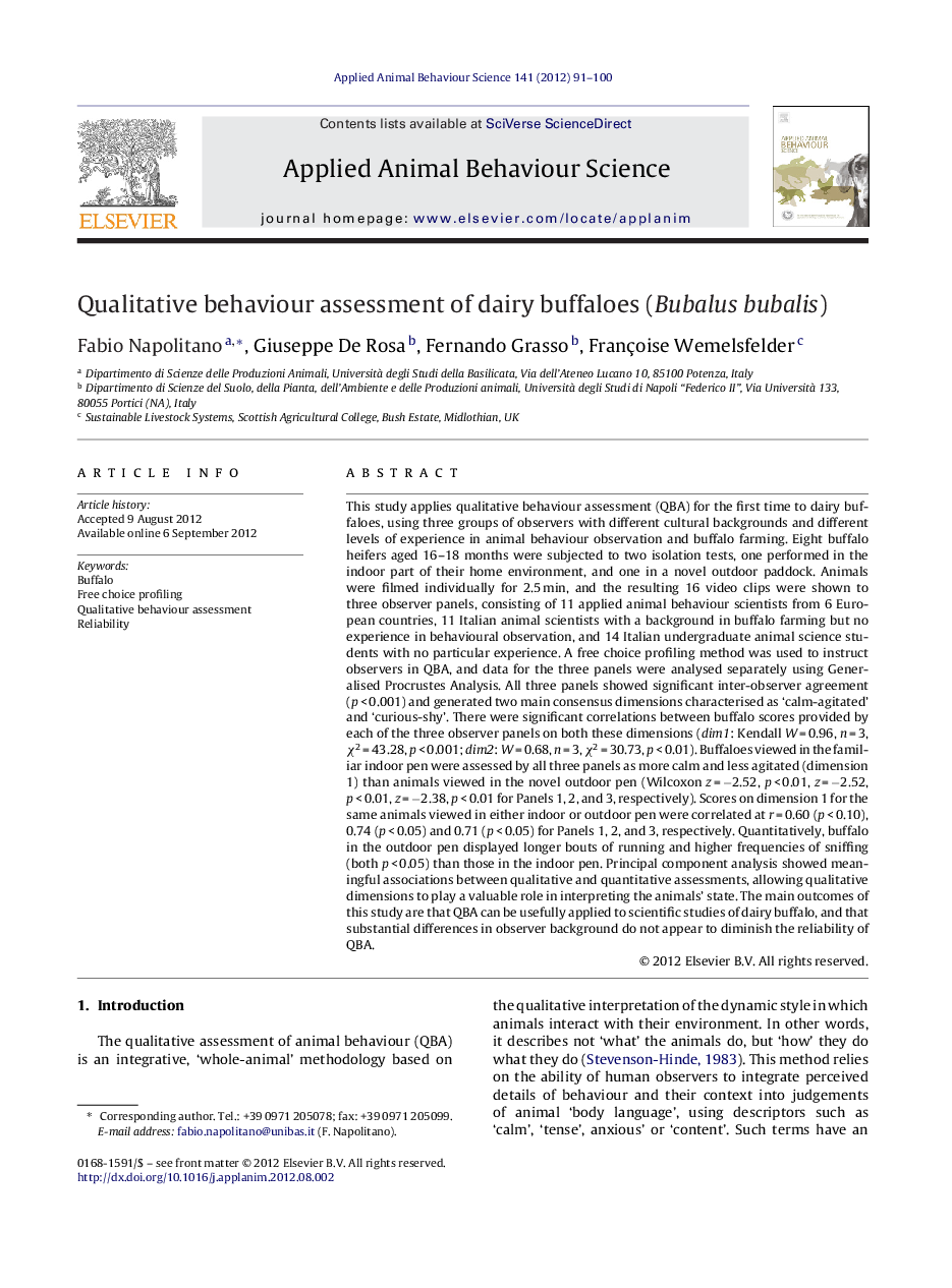 Qualitative behaviour assessment of dairy buffaloes (Bubalus bubalis)