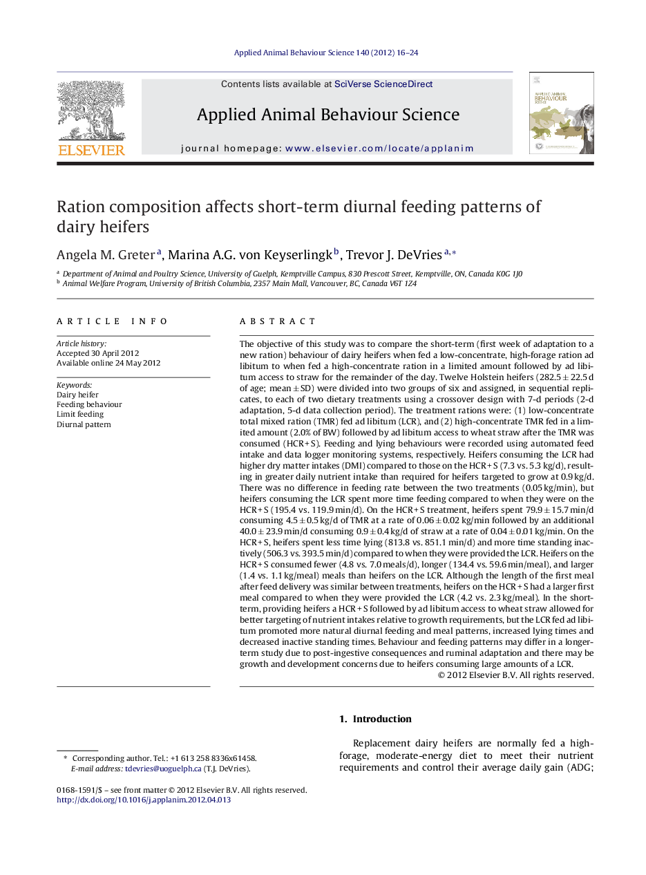 Ration composition affects short-term diurnal feeding patterns of dairy heifers