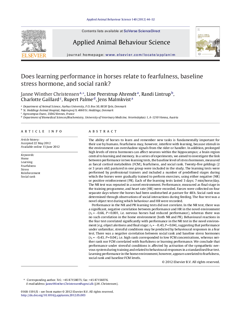 Does learning performance in horses relate to fearfulness, baseline stress hormone, and social rank?