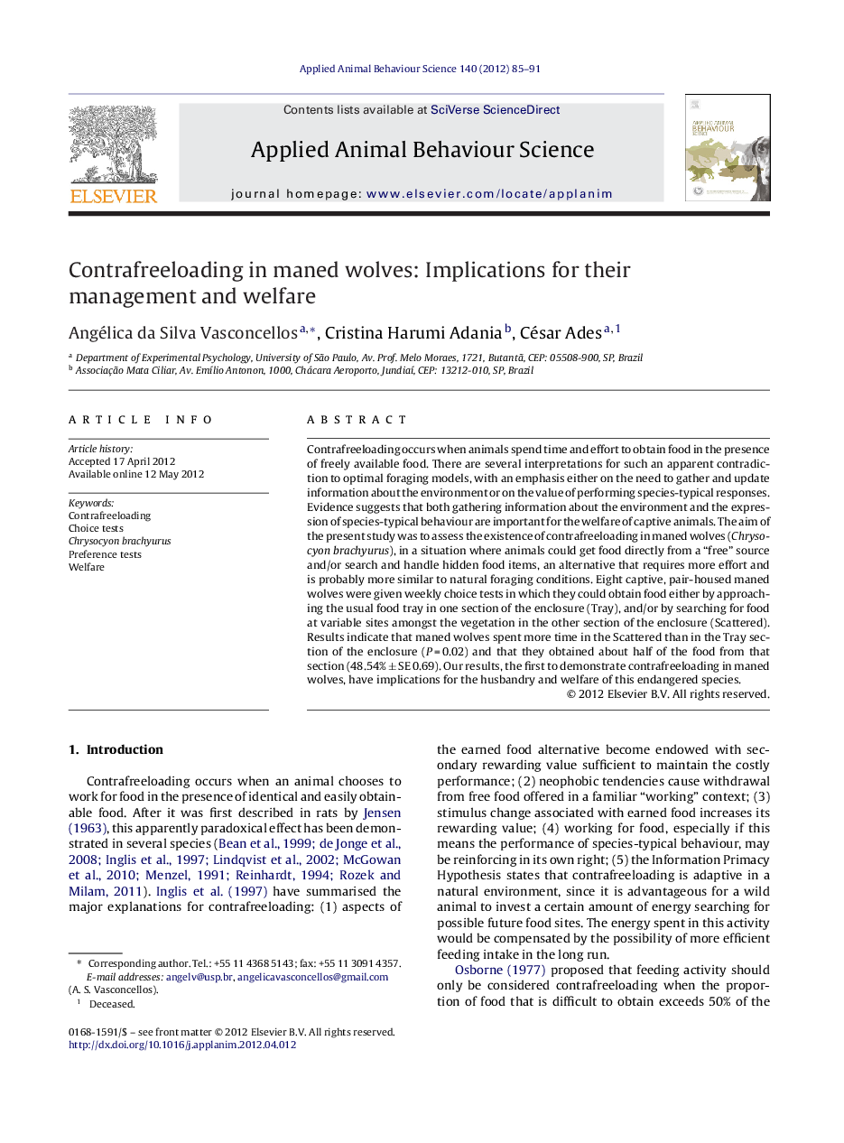 Contrafreeloading in maned wolves: Implications for their management and welfare