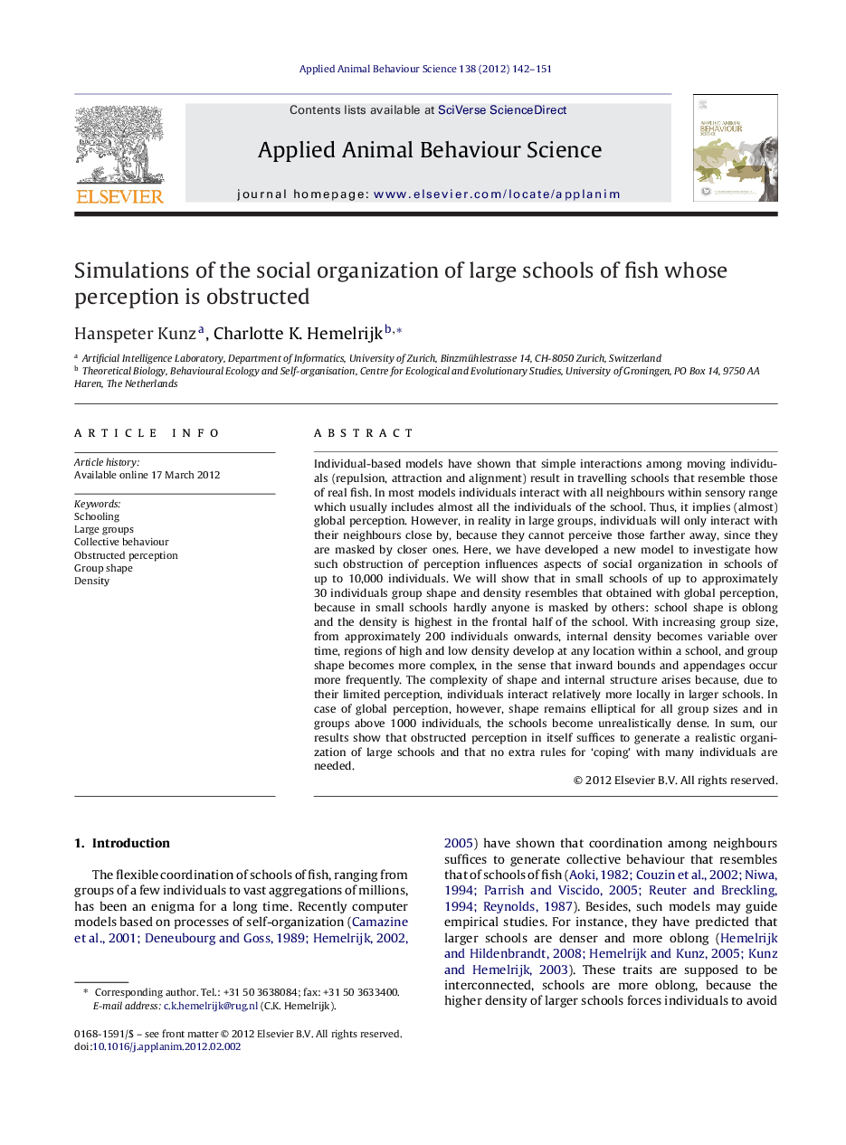 Simulations of the social organization of large schools of fish whose perception is obstructed