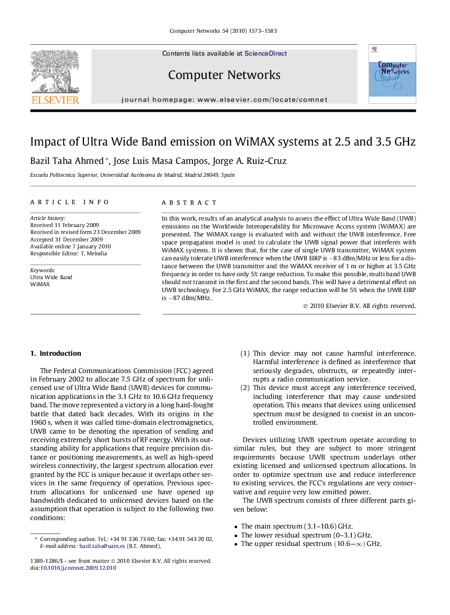 Impact of Ultra Wide Band emission on WiMAX systems at 2.5 and 3.5 GHz