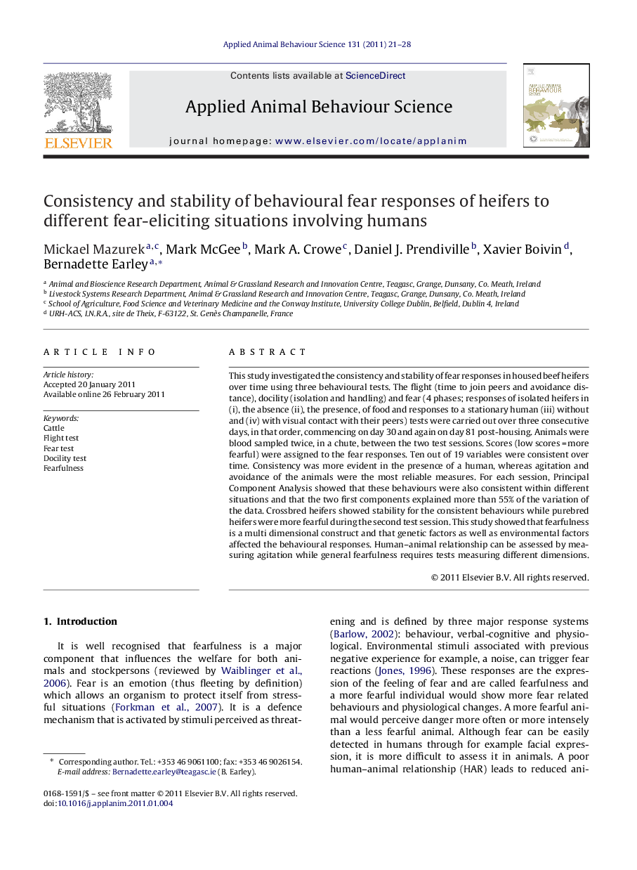 Consistency and stability of behavioural fear responses of heifers to different fear-eliciting situations involving humans