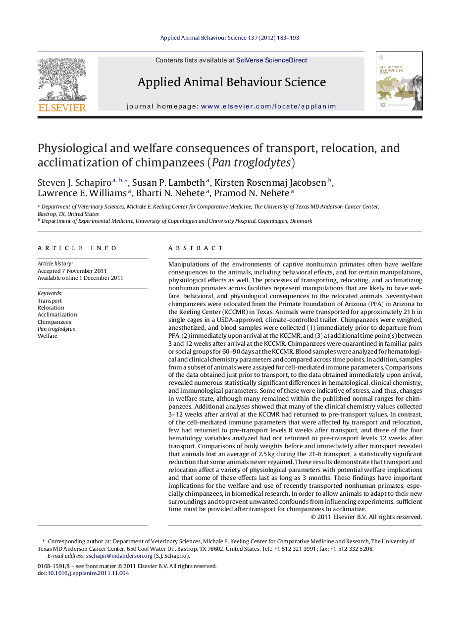 Physiological and welfare consequences of transport, relocation, and acclimatization of chimpanzees (Pan troglodytes)