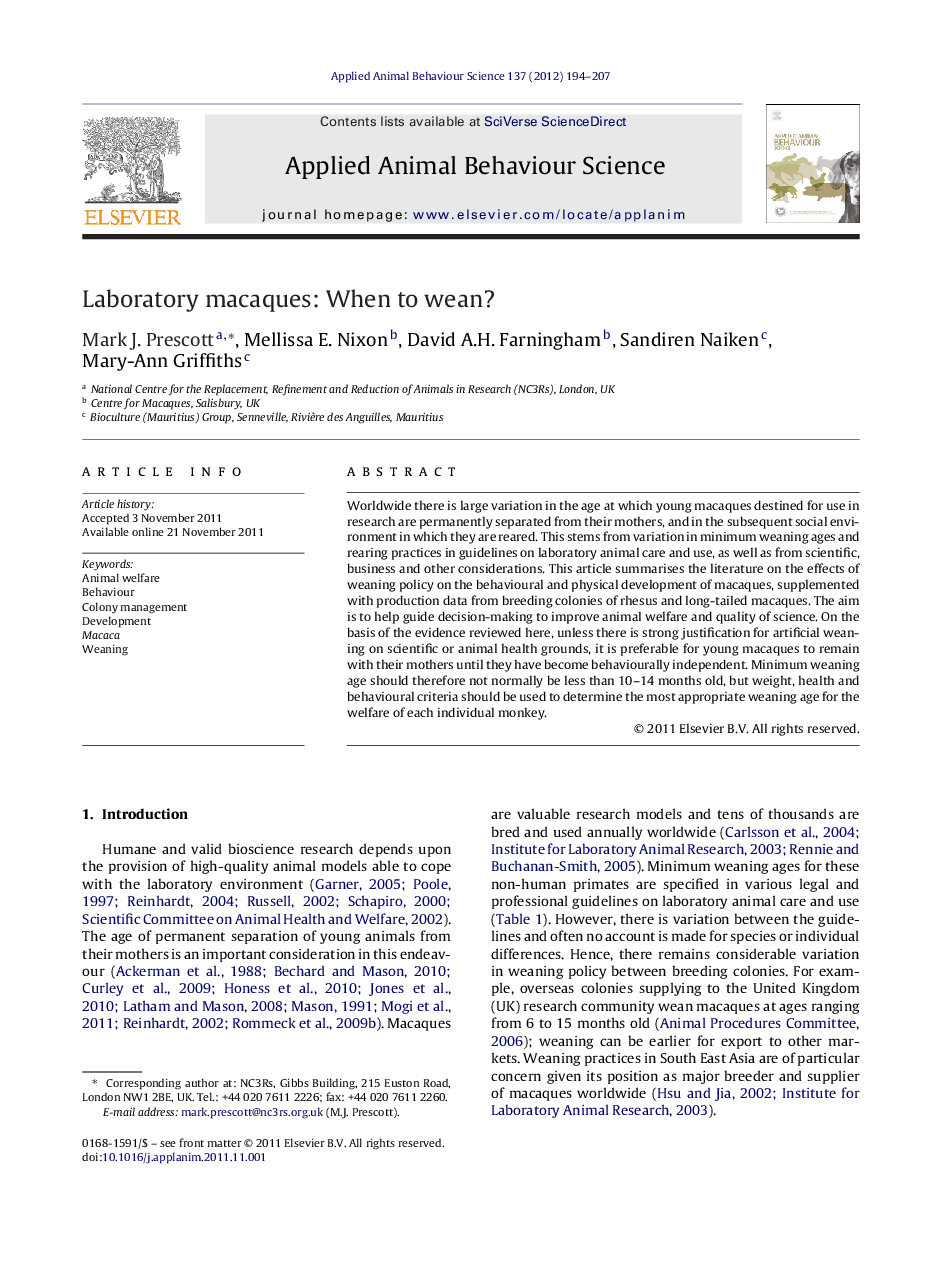 Laboratory macaques: When to wean?