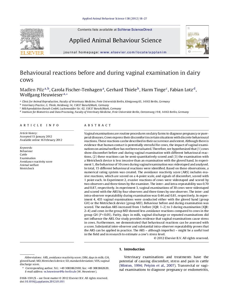 Behavioural reactions before and during vaginal examination in dairy cows