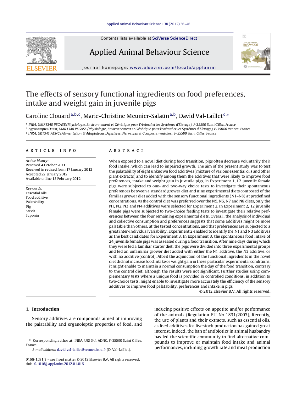 The effects of sensory functional ingredients on food preferences, intake and weight gain in juvenile pigs