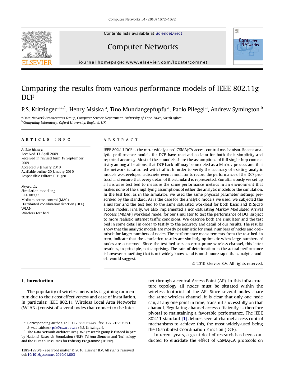 Comparing the results from various performance models of IEEE 802.11g DCF