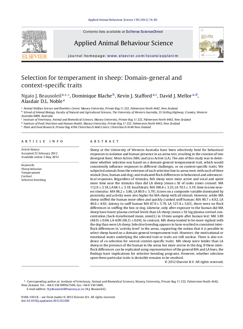 Selection for temperament in sheep: Domain-general and context-specific traits