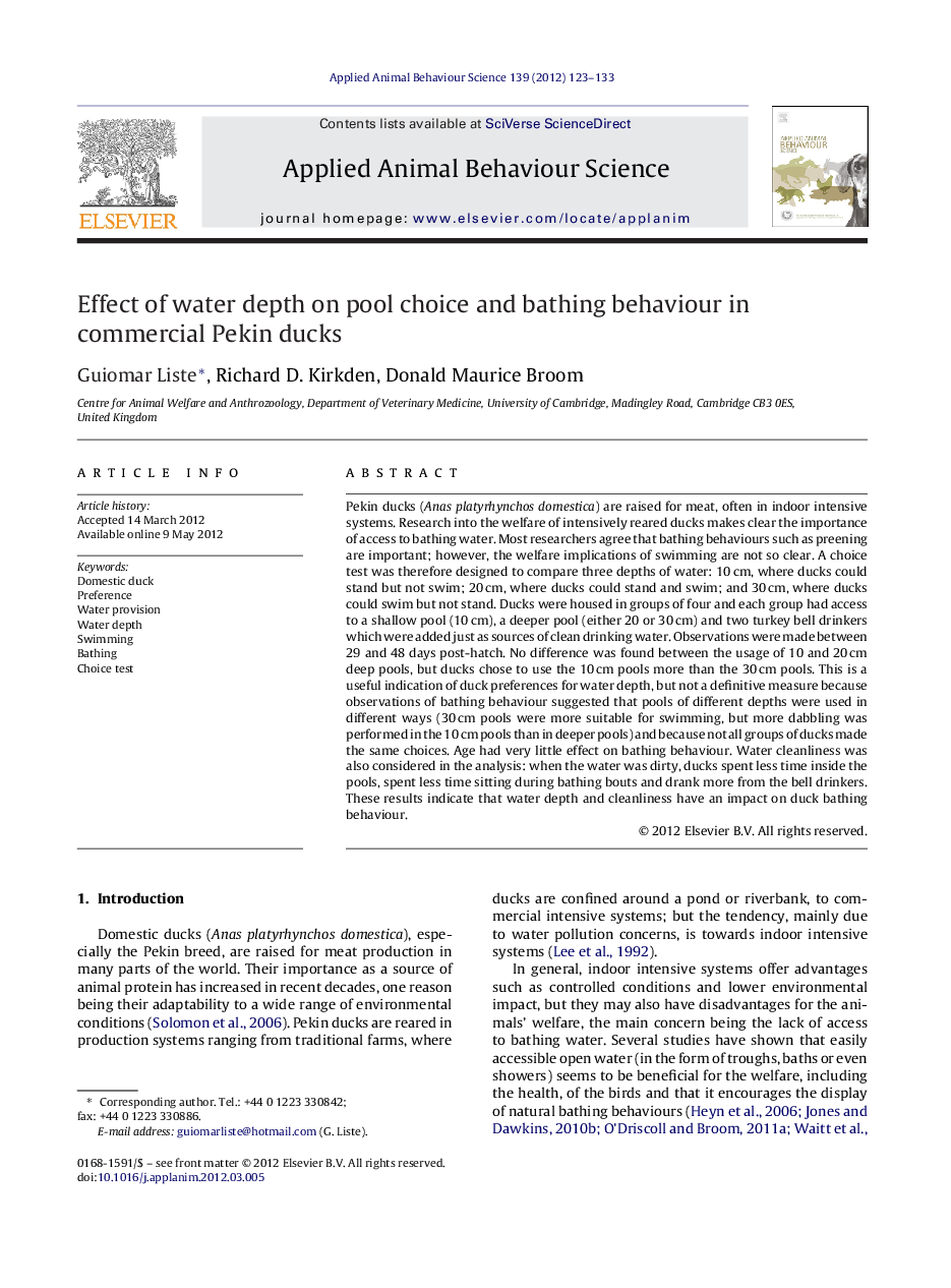 Effect of water depth on pool choice and bathing behaviour in commercial Pekin ducks