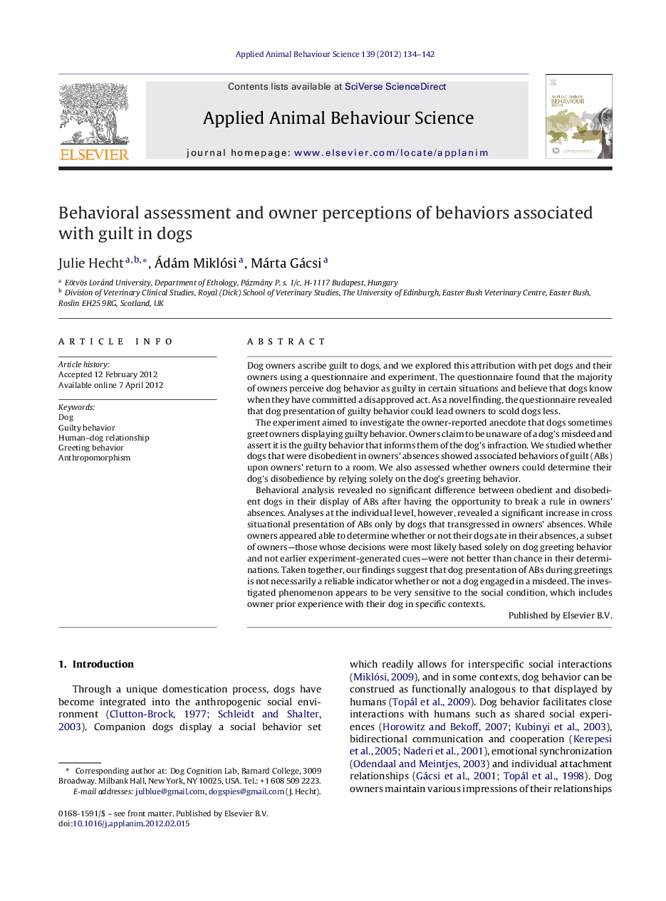 Behavioral assessment and owner perceptions of behaviors associated with guilt in dogs