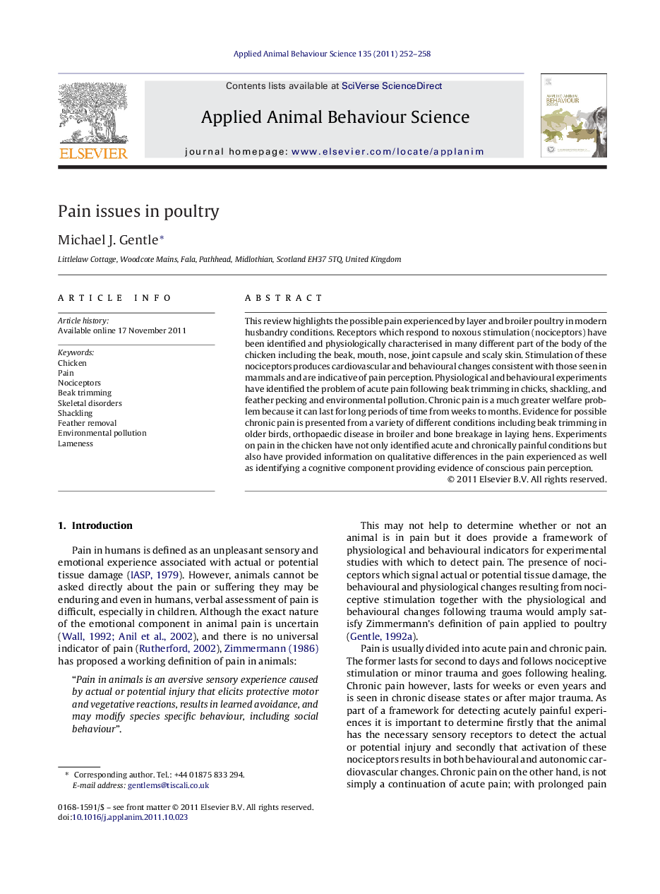 عکس صفحه اول مقاله: Pain issues in poultry Pain issues in poultry