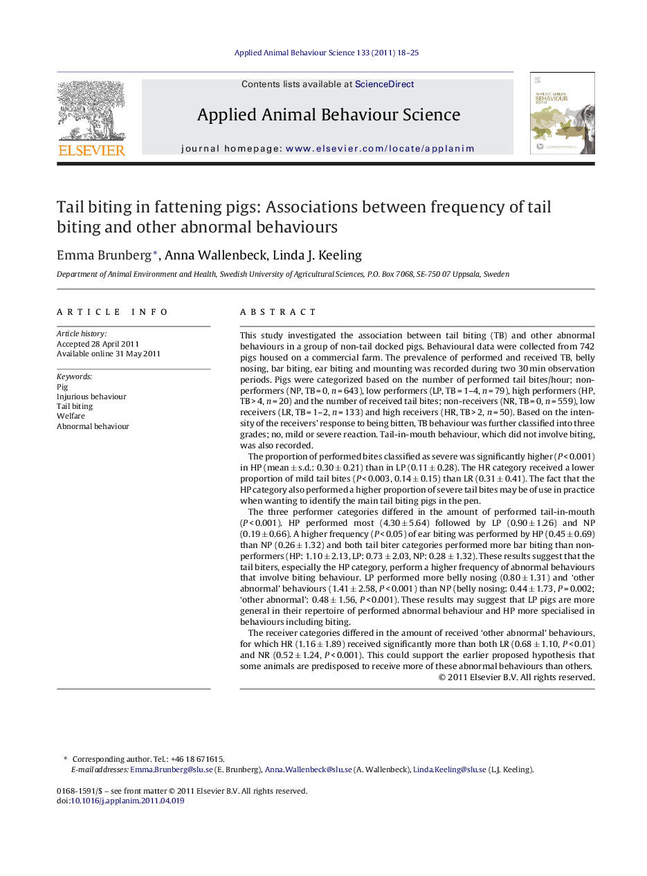 Tail biting in fattening pigs: Associations between frequency of tail biting and other abnormal behaviours