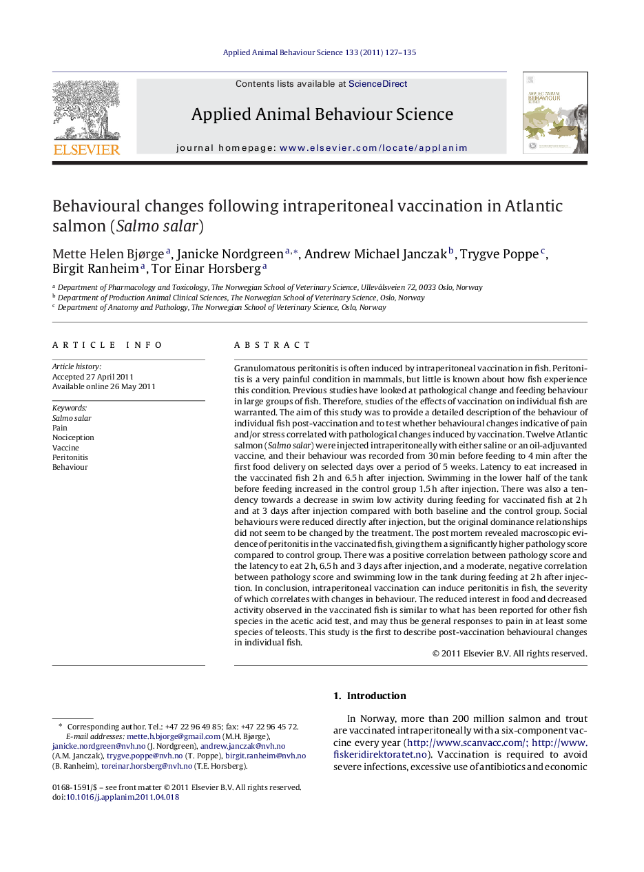 Behavioural changes following intraperitoneal vaccination in Atlantic salmon (Salmo salar)