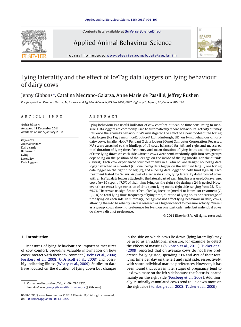 Lying laterality and the effect of IceTag data loggers on lying behaviour of dairy cows