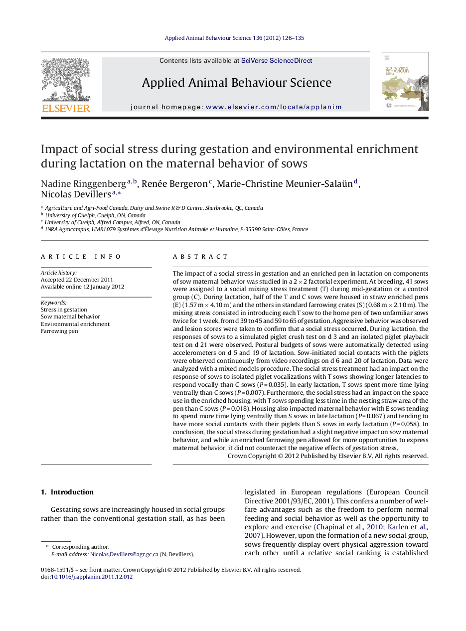 Impact of social stress during gestation and environmental enrichment during lactation on the maternal behavior of sows