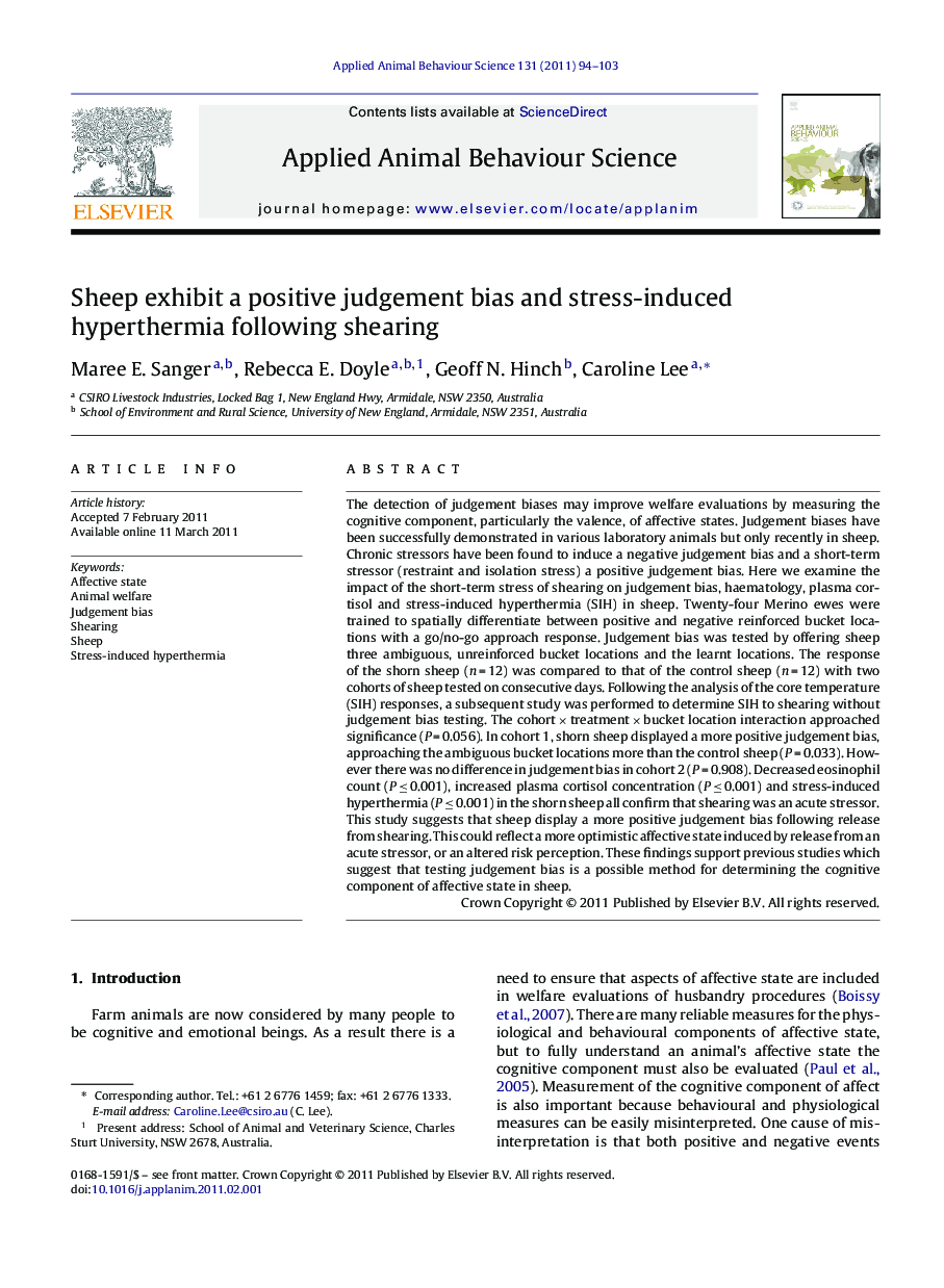 Sheep exhibit a positive judgement bias and stress-induced hyperthermia following shearing