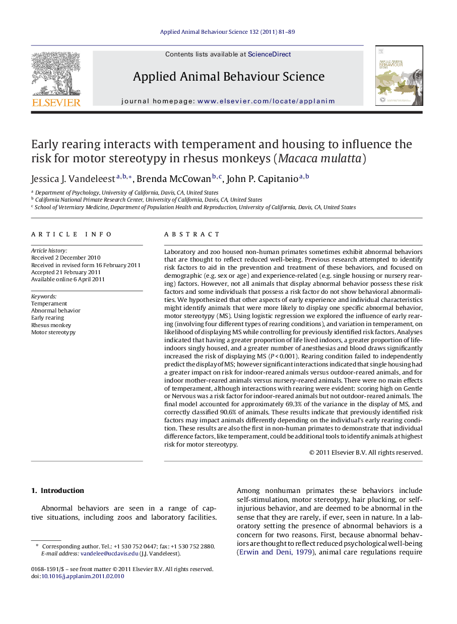 Early rearing interacts with temperament and housing to influence the risk for motor stereotypy in rhesus monkeys (Macaca mulatta)