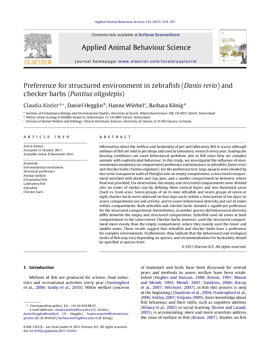 Preference for structured environment in zebrafish (Danio rerio) and checker barbs (Puntius oligolepis)