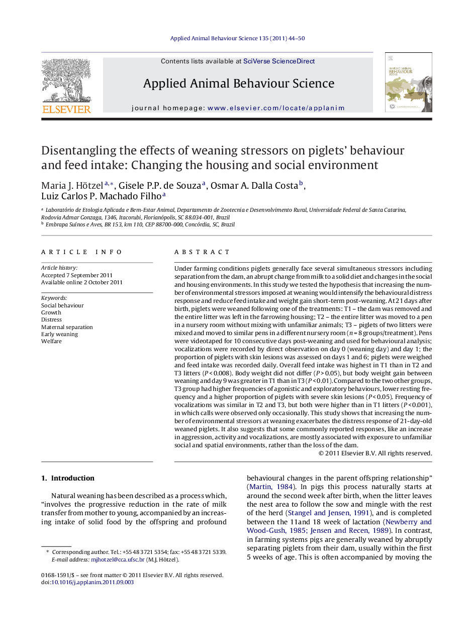 عکس صفحه اول مقاله: Disentangling the effects of weaning stressors on piglets’ behaviour and feed intake: Changing the housing and social environment Disentangling the effects of weaning stressors on piglets’ behaviour and feed intake: Changing the housing and social environment