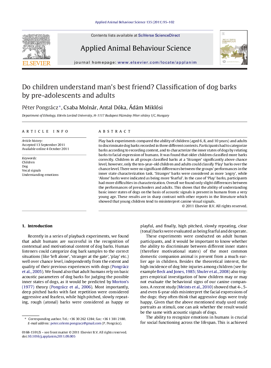 Do children understand man's best friend? Classification of dog barks by pre-adolescents and adults