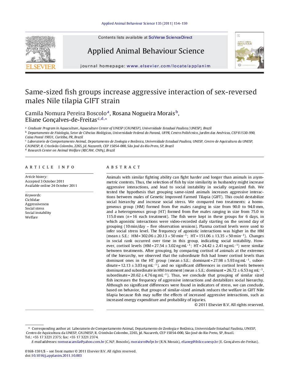 Same-sized fish groups increase aggressive interaction of sex-reversed males Nile tilapia GIFT strain
