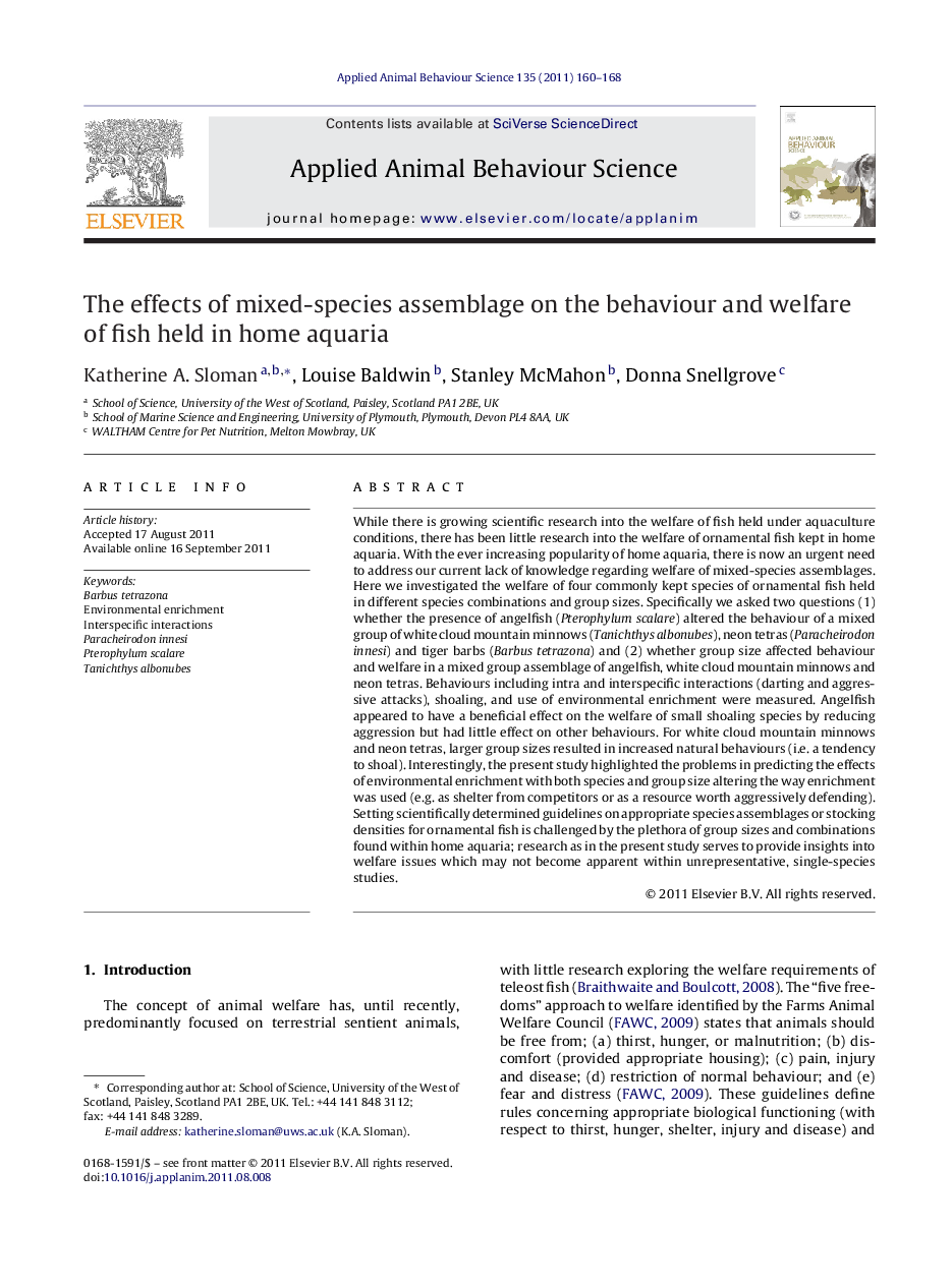 The effects of mixed-species assemblage on the behaviour and welfare of fish held in home aquaria