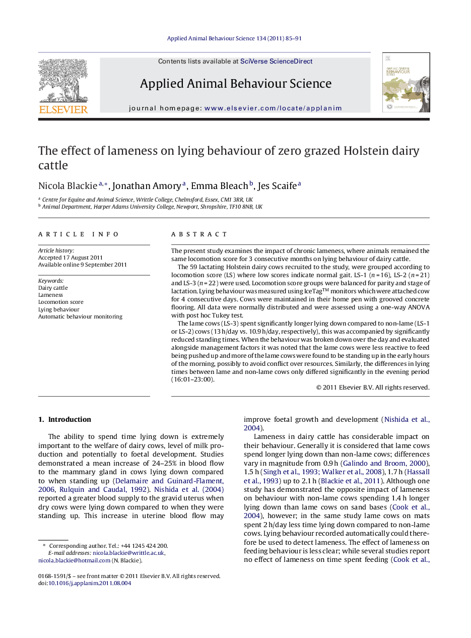 عکس صفحه اول مقاله: The effect of lameness on lying behaviour of zero grazed Holstein dairy cattle The effect of lameness on lying behaviour of zero grazed Holstein dairy cattle