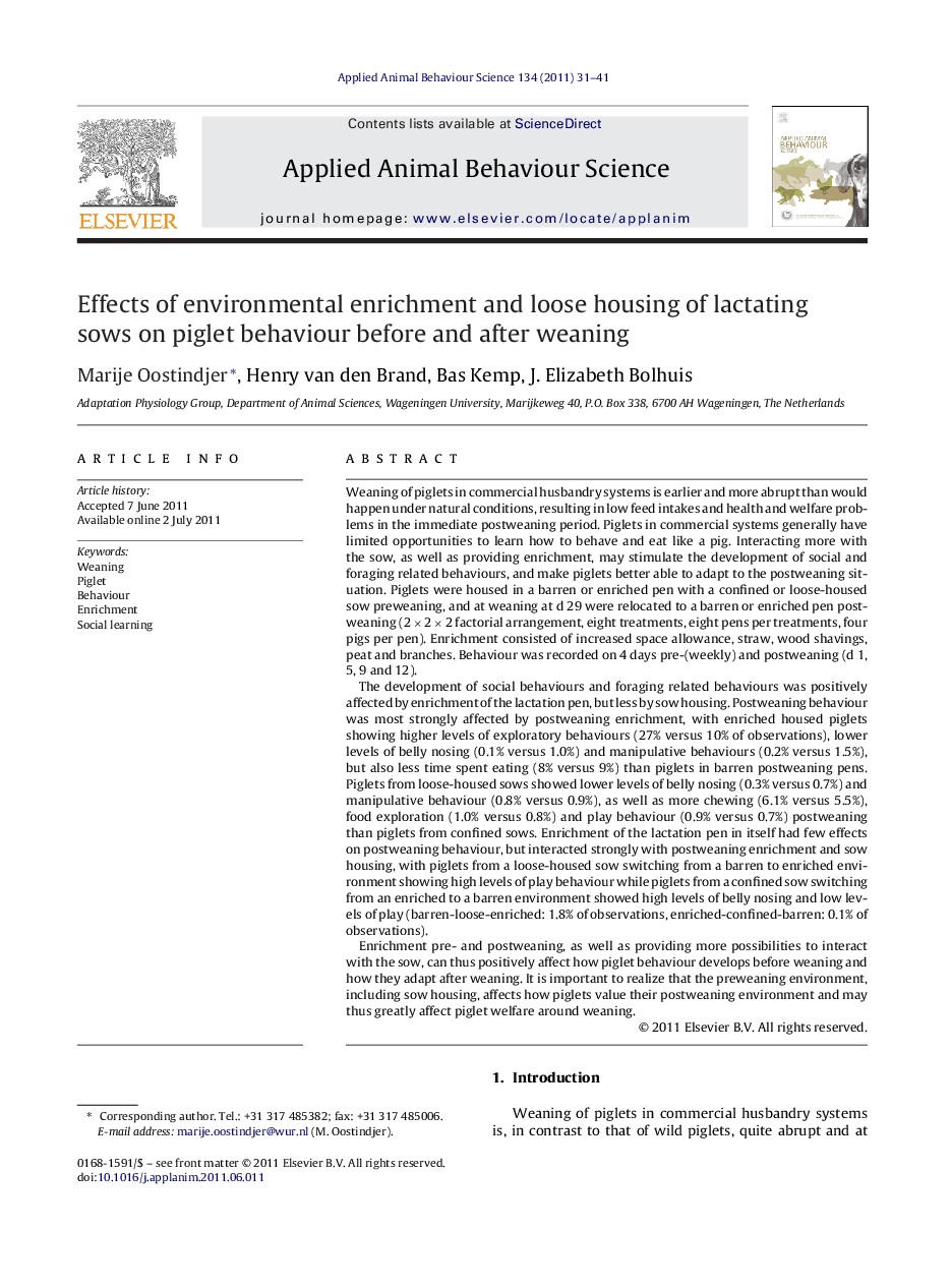 Effects of environmental enrichment and loose housing of lactating sows on piglet behaviour before and after weaning