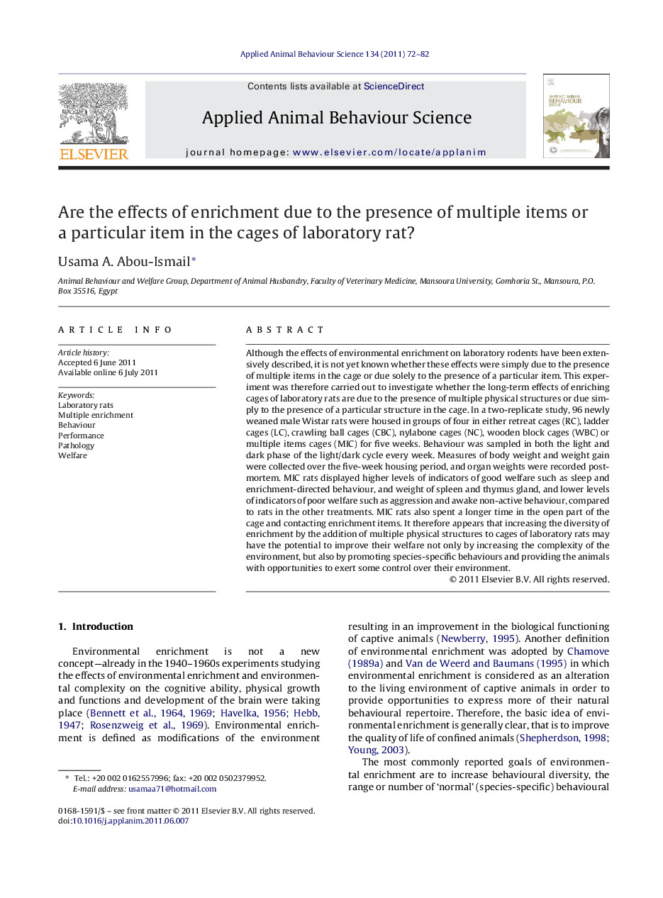 Are the effects of enrichment due to the presence of multiple items or a particular item in the cages of laboratory rat?