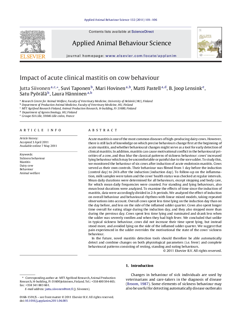 Impact of acute clinical mastitis on cow behaviour