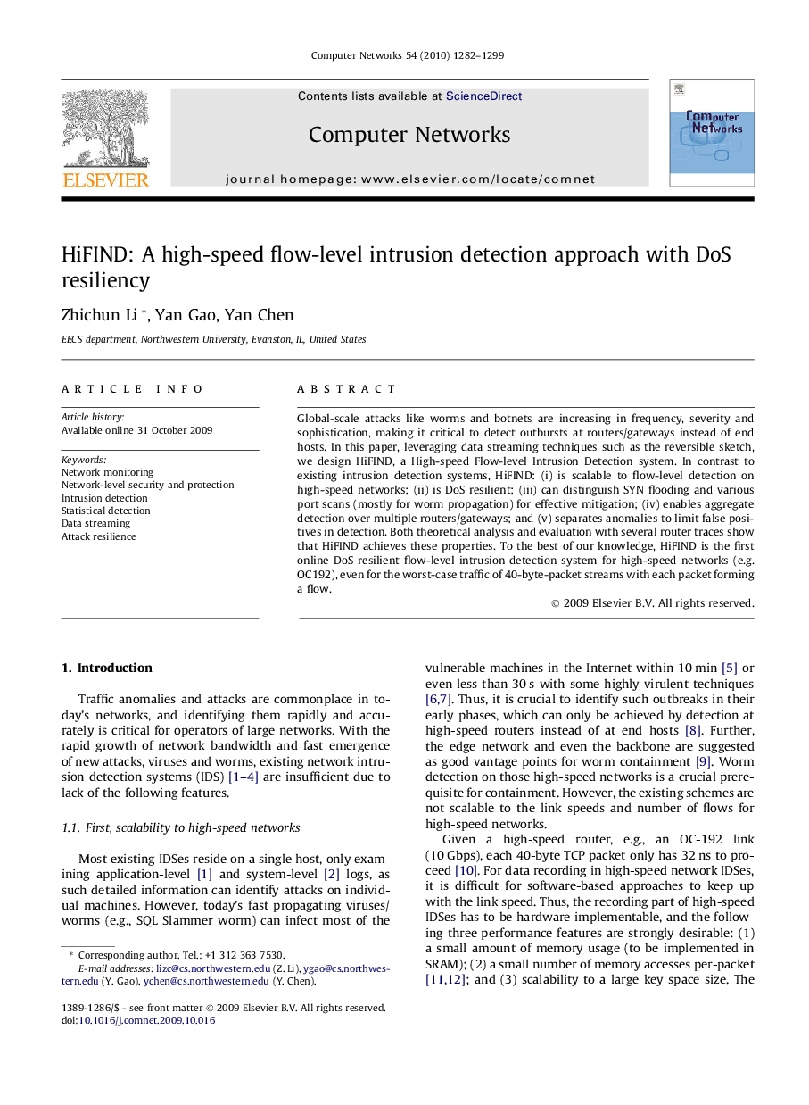 HiFIND: A high-speed flow-level intrusion detection approach with DoS resiliency