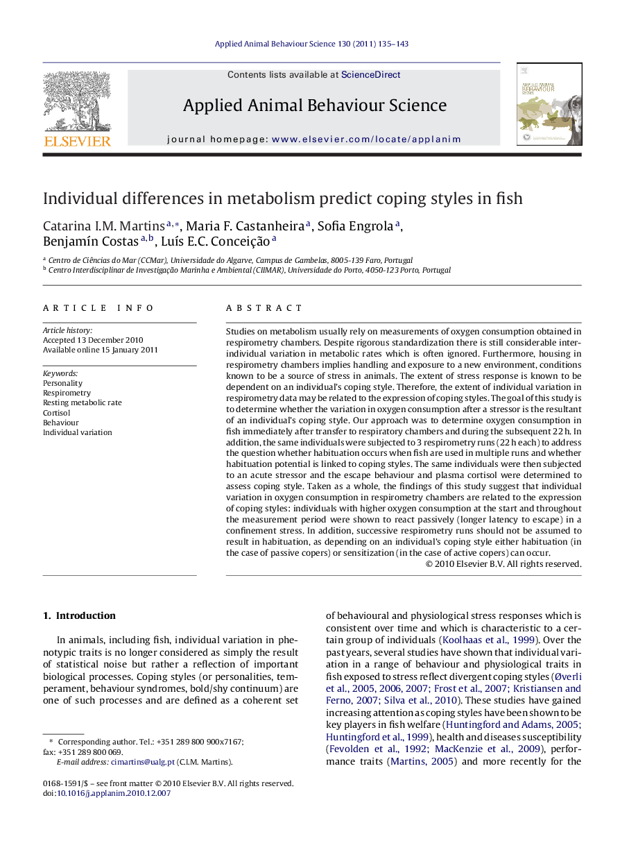 Individual differences in metabolism predict coping styles in fish