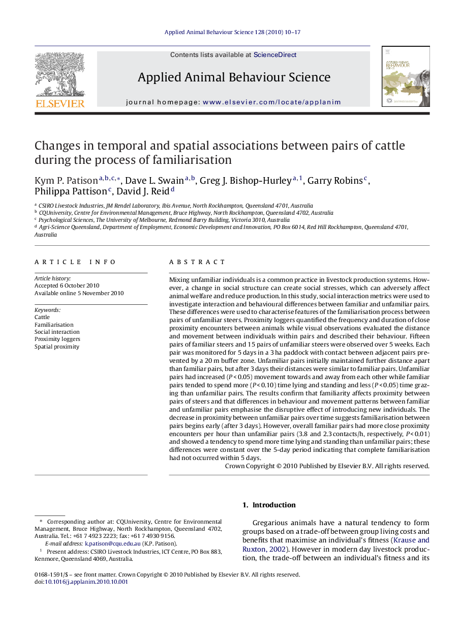 Changes in temporal and spatial associations between pairs of cattle during the process of familiarisation