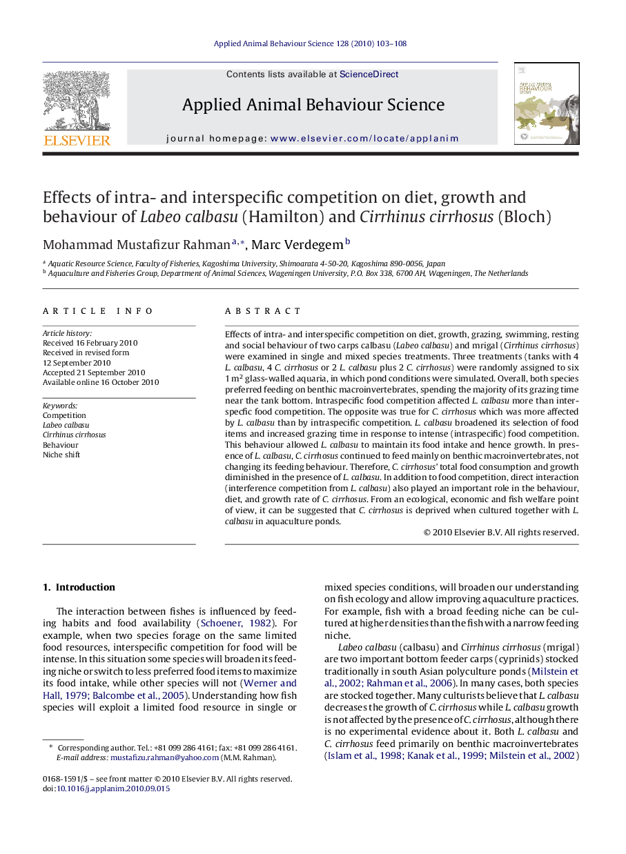 Effects of intra- and interspecific competition on diet, growth and behaviour of Labeo calbasu (Hamilton) and Cirrhinus cirrhosus (Bloch)