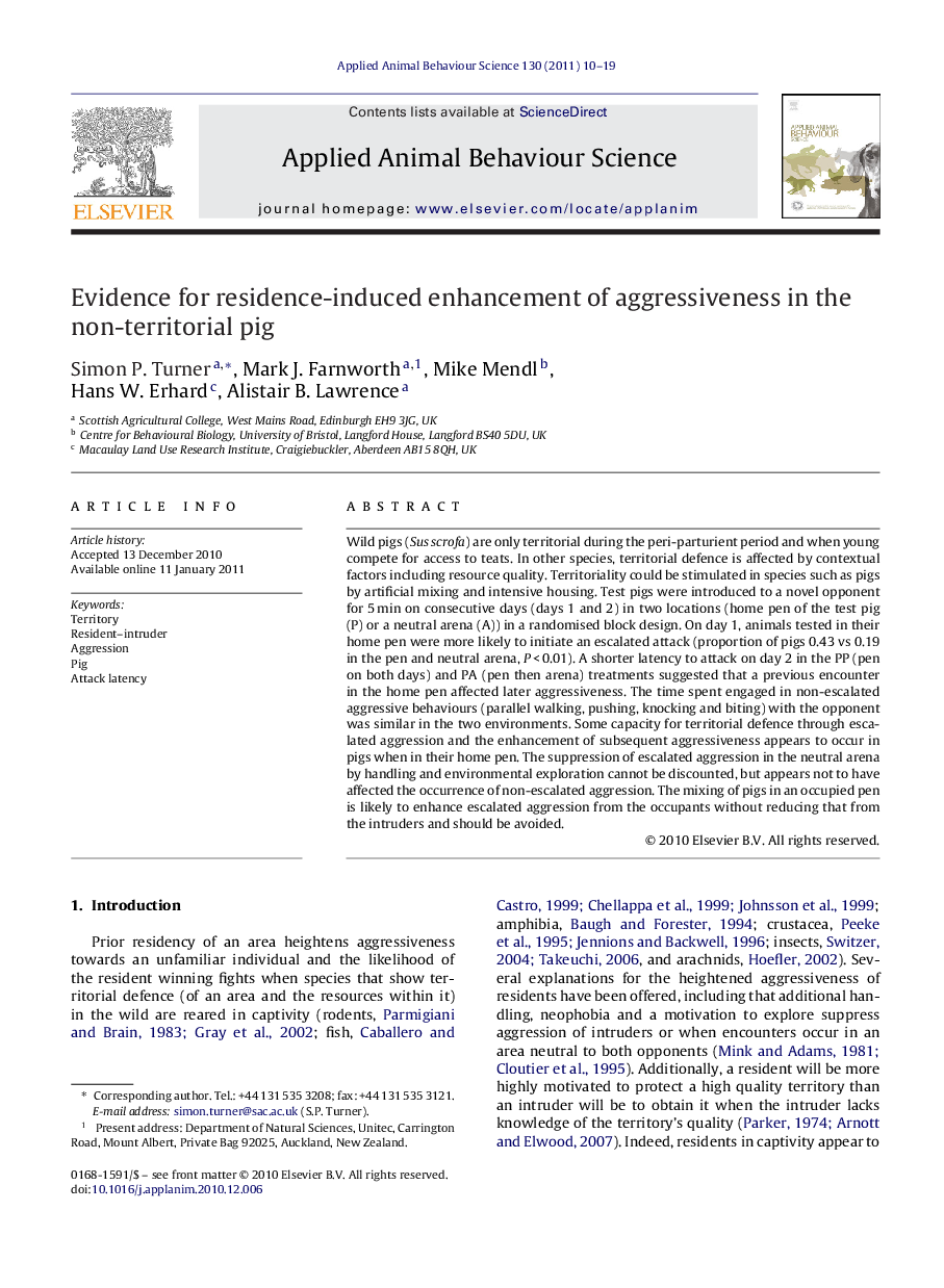 Evidence for residence-induced enhancement of aggressiveness in the non-territorial pig