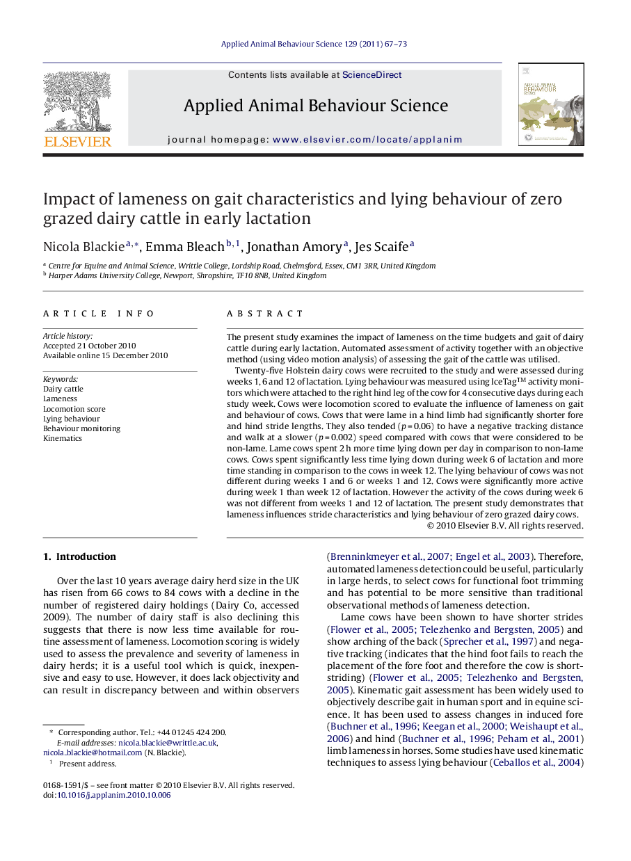 Impact of lameness on gait characteristics and lying behaviour of zero grazed dairy cattle in early lactation