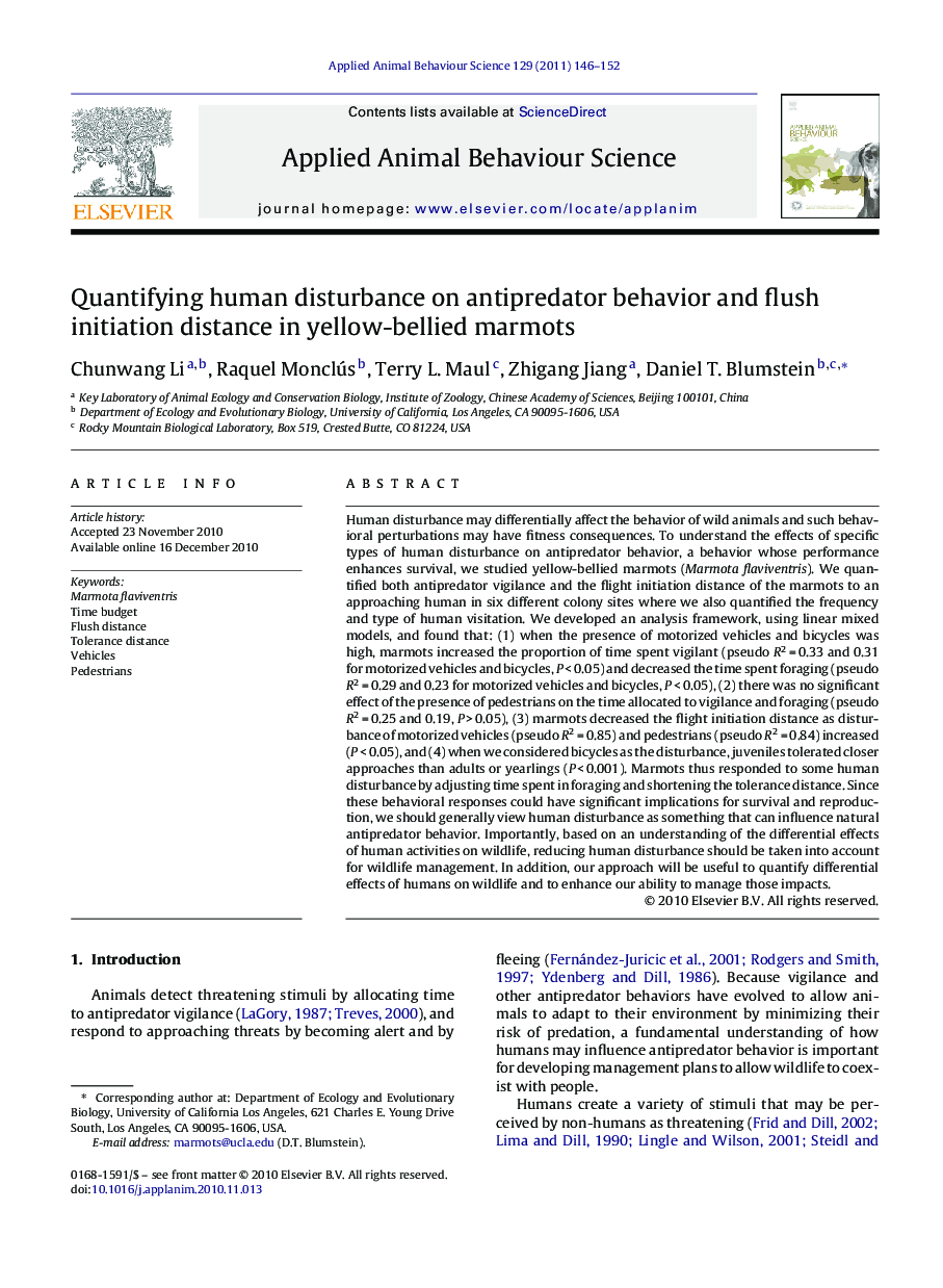 Quantifying human disturbance on antipredator behavior and flush initiation distance in yellow-bellied marmots